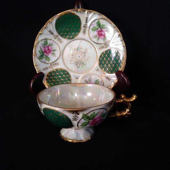 Vintage Japan Lustre Ware Pedestal Cup n Saucer Pink Rose Green Panels Gold Trim - Picture 10 of 16